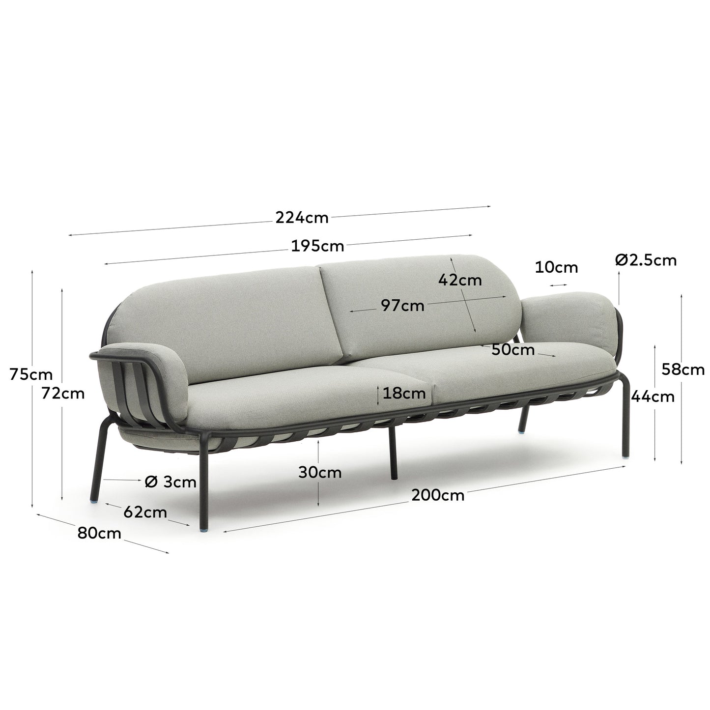Divano da esterno 3 posti Joncols in alluminio verniciato grigio 225 cm