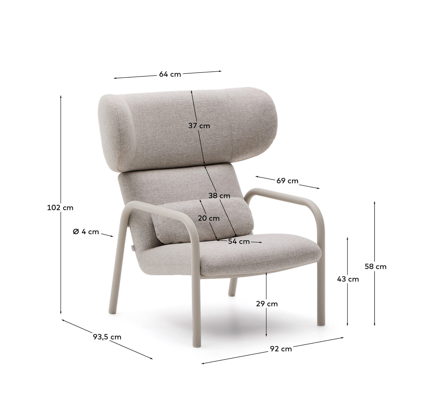 Poltrona Inari beige e acciaio, verniciata beige