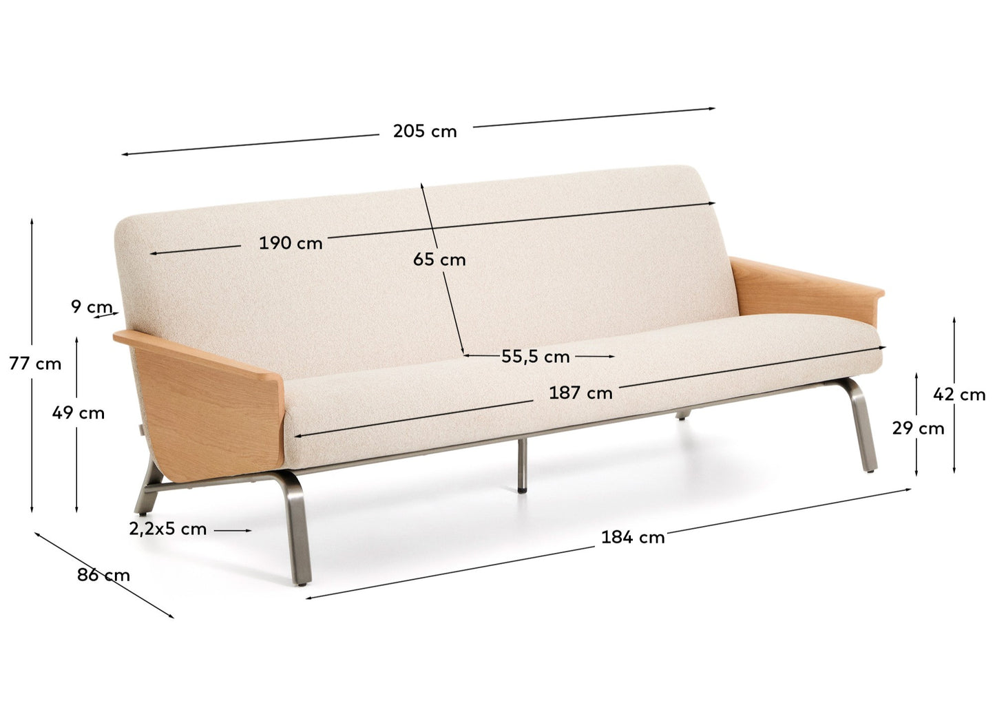 Divano Amsen 3 posti in ciniglia beige, in compensato di rovere beige con gambe in acciaio inox spazzolato 205 cm