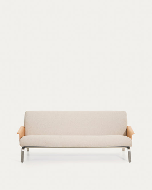 Divano Amsen 3 posti in ciniglia beige, in compensato di rovere beige con gambe in acciaio inox spazzolato 205 cm