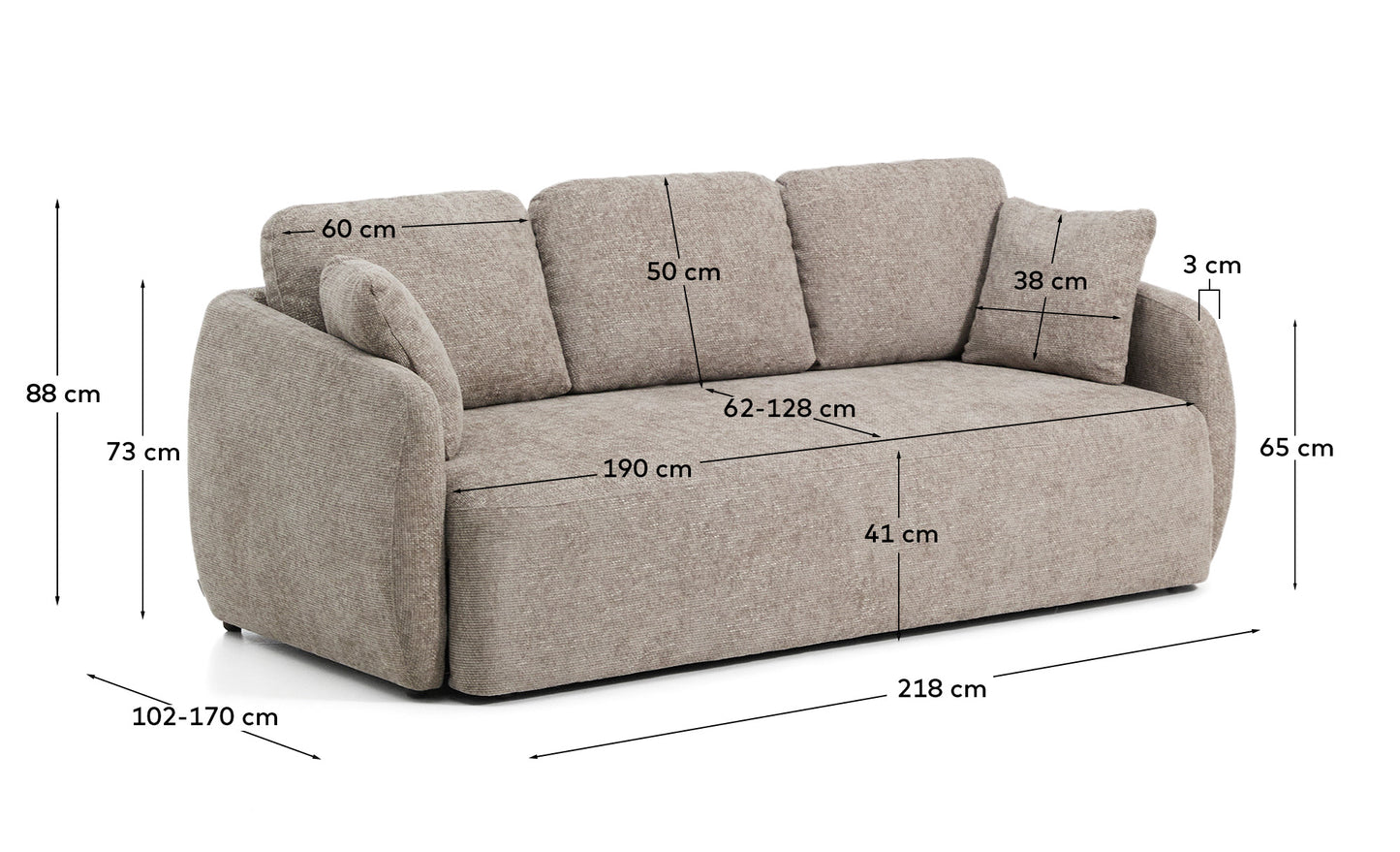 Divano letto Laira 3 posti in ciniglia tortora 218 cm