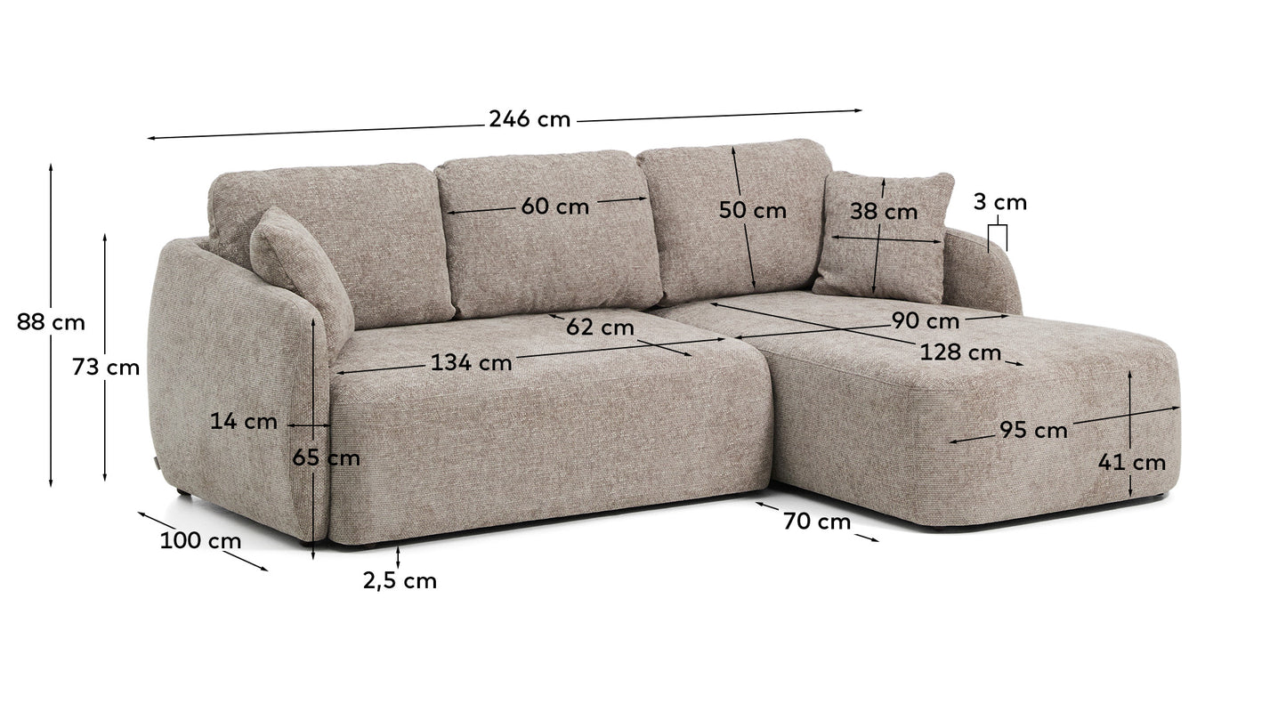 Divano letto Laira 3 posti in ciniglia tortora con chaise longue destra 246 cm