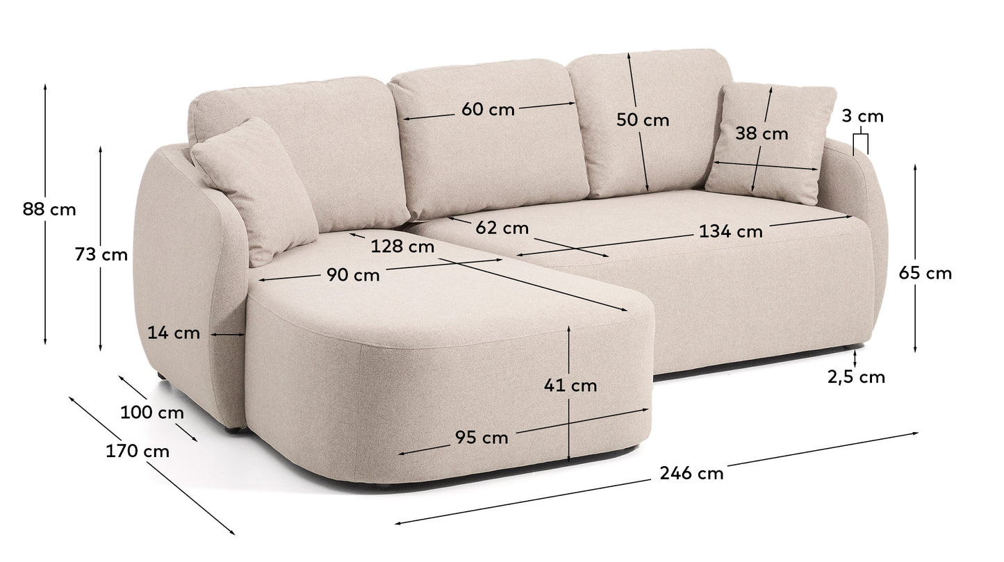 Divano letto Laira 3 posti in ciniglia beige con chaise longue sinistra 246 cm