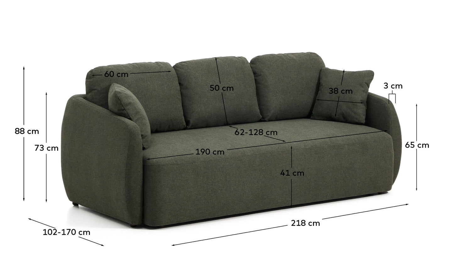 Divano letto Laira 3 posti in ciniglia verde scuro 218 cm