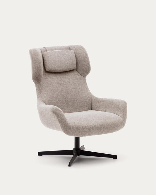 Poltrona girevole con braccioli Zalina di ciniglia beige e acciaio con finitura nera