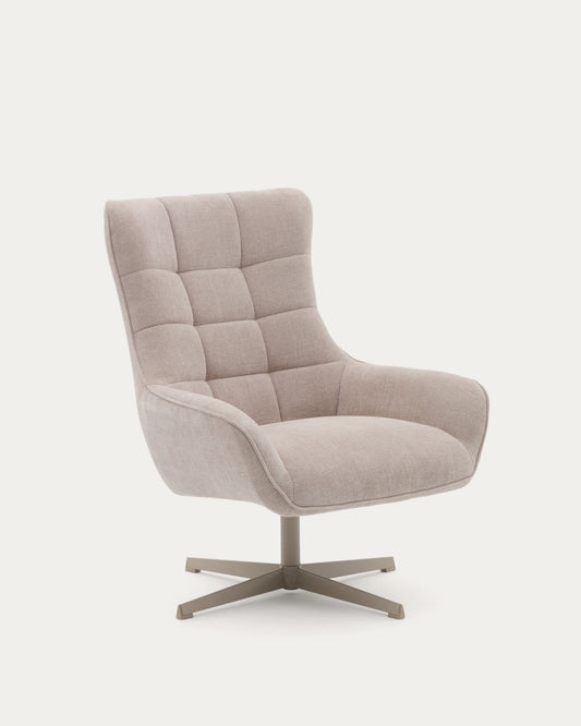 Poltrona girevole Teryl di ciniglia beige e metallo con finitura grigio