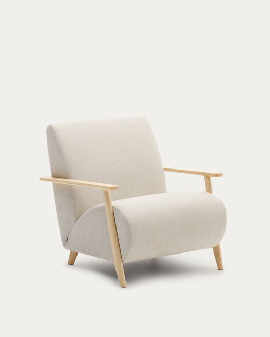 Poltrona Meghan in ciniglia perla e legno massello di frassino con finitura naturale