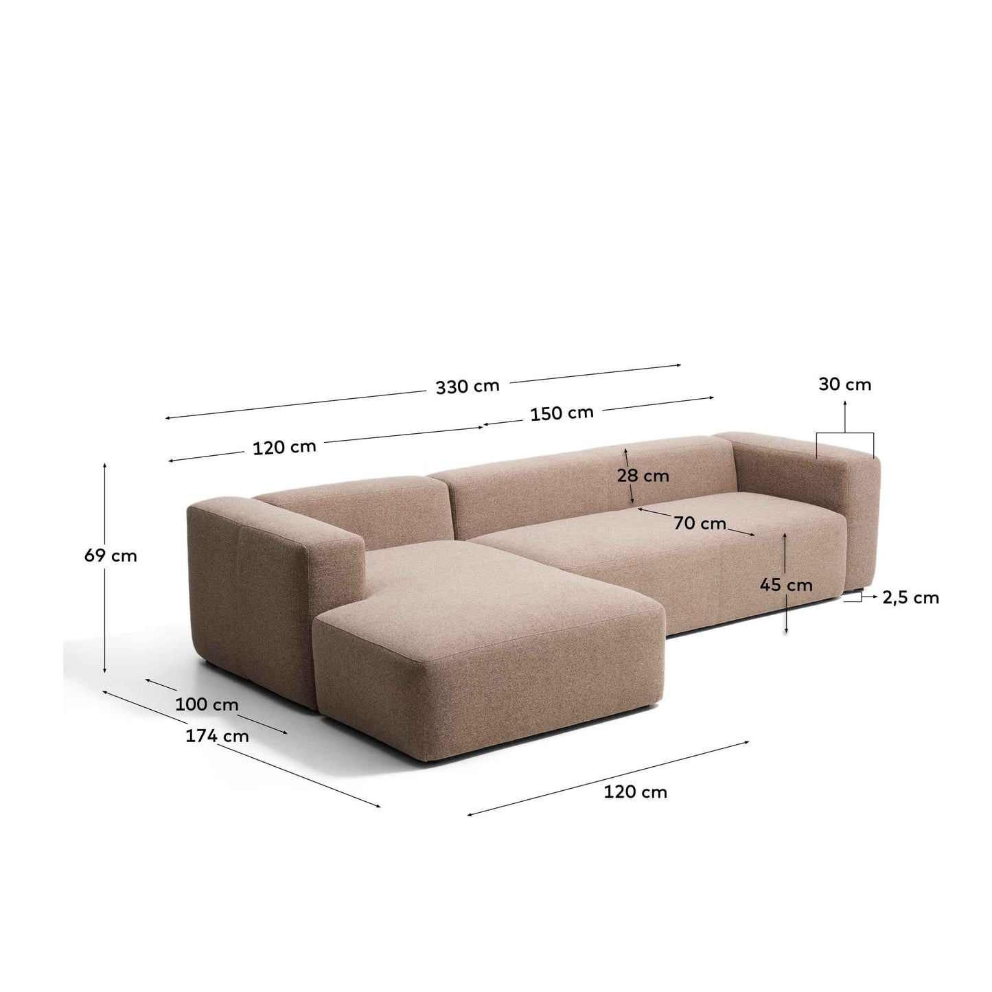 Divano Blok 4 posti in ciniglia marrone con chaise longue sinistra 330 cm FSC Mix Credit