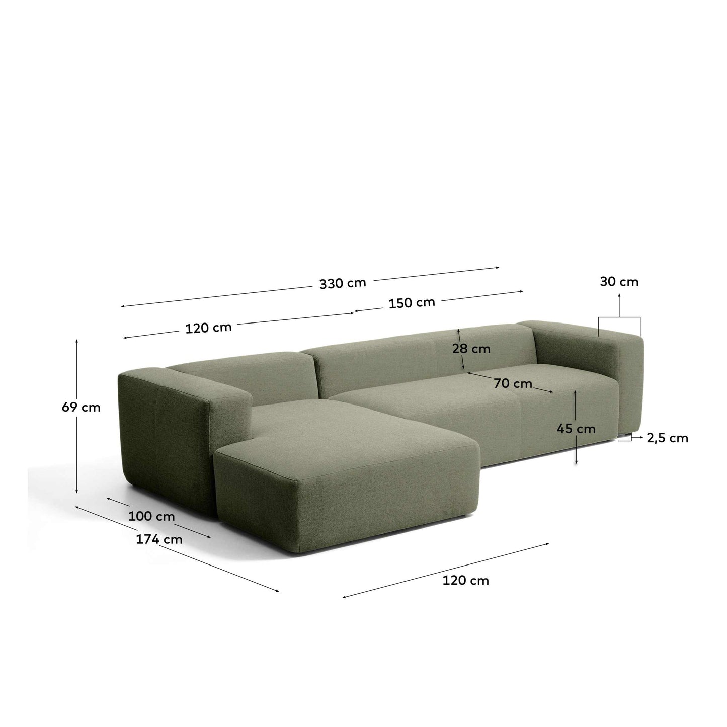 Divano Blok 4 posti in ciniglia verde muschio con chaise longue sinistra 330 cm FSC Mix Credit