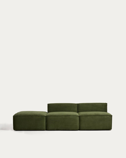 Divano Blok 3 posti con pouf terminale in velluto a coste spesso verde 270 cm FSC Mix Credit