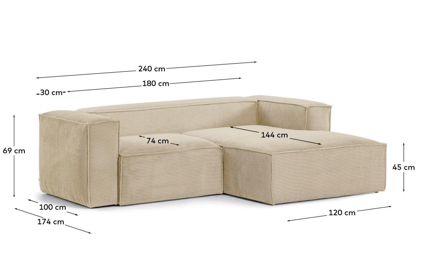 Divano Blok 2 posti in velluto a coste spesso color naturale con chaise longue destra 240 cm