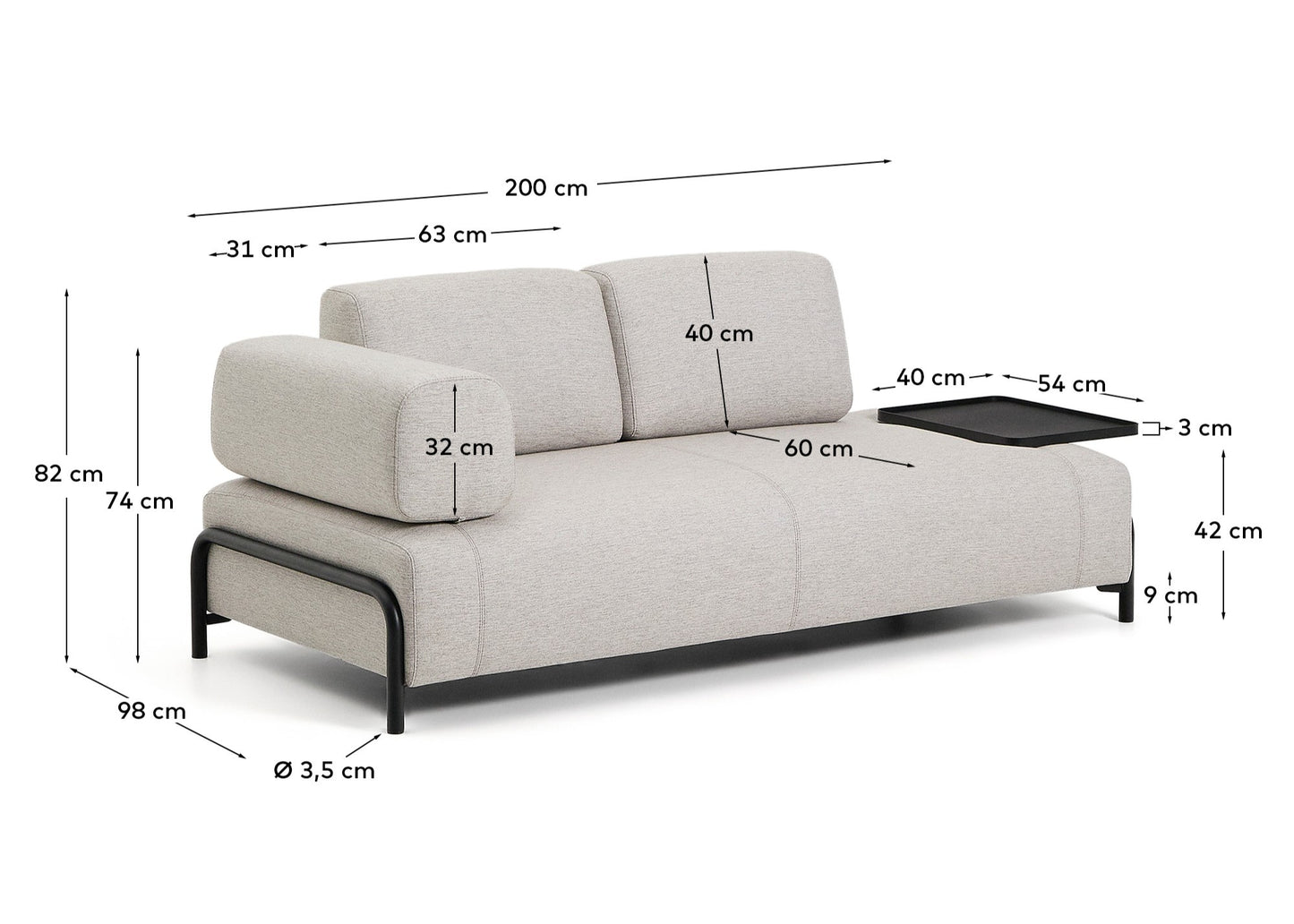 Divano Compo 2 posti beige grigiastro con vassoio grande e struttura in metallo nero 200 cm