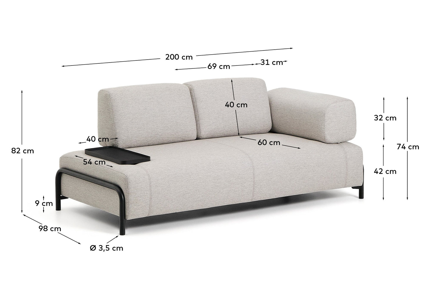 Divano Compo 2 posti beige grigiastro con vassoio piccolo e struttura in metallo nero 200 cm