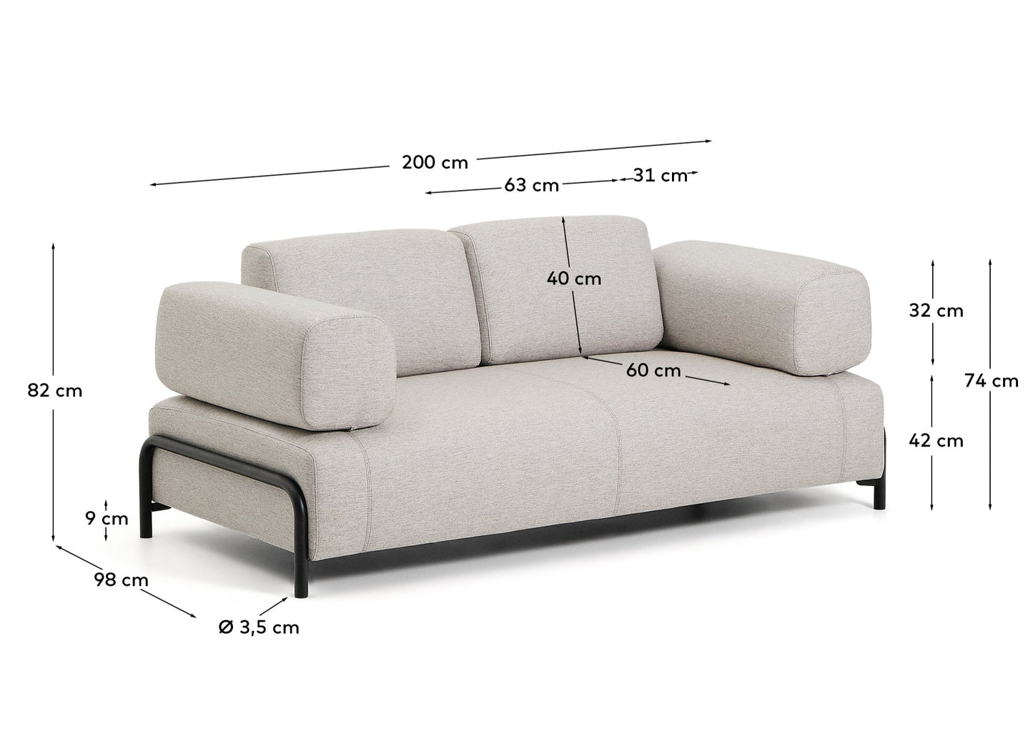 Divano Compo 2 posti beige grigiastro e struttura in metallo nero 200 cm