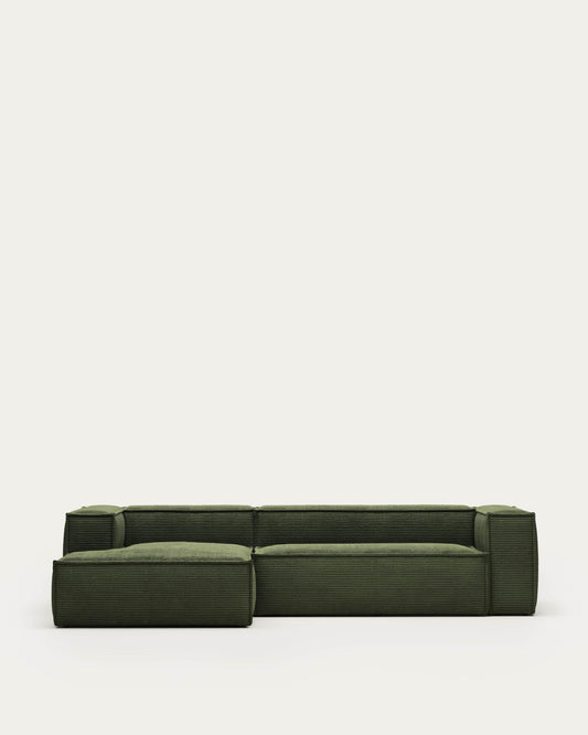 Divano Blok 3 posti chaise longue sinistra in velluto a coste spesse verde 300 cm