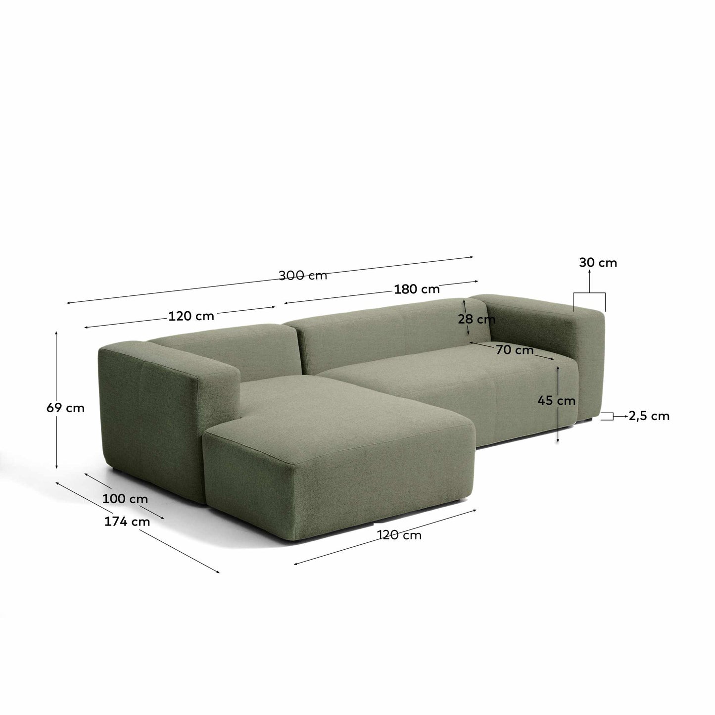 Divano Blok 3 posti in ciniglia verde muschio con chaise longue sinistra 300 cm FSC Mix Credit