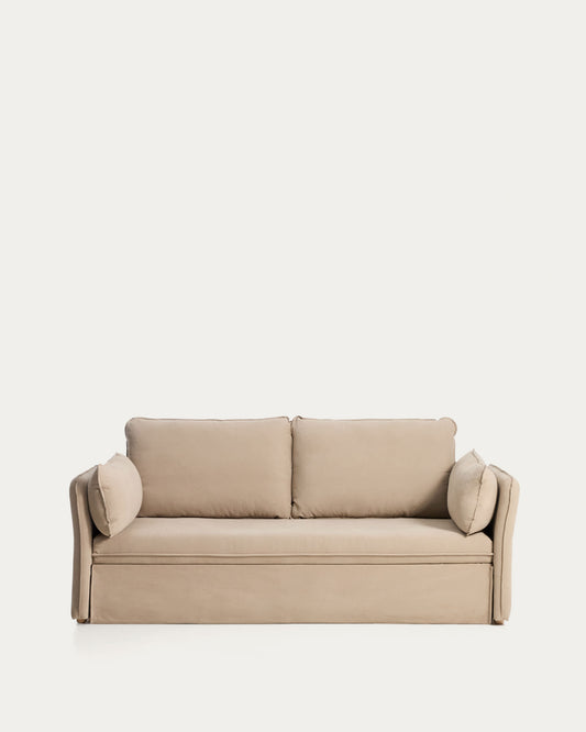 Divano letto Tanit beige con piedi in legno massello di faggio finitura naturale 210 cm