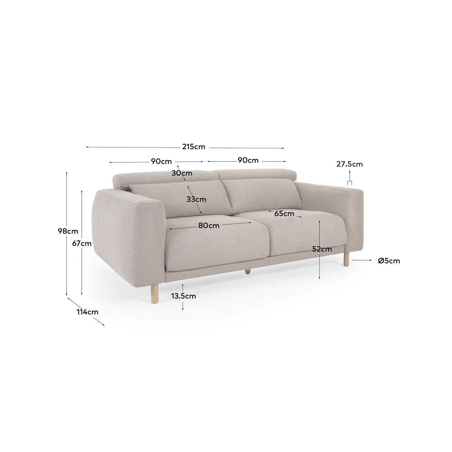 Divano Singa 3 posti con poggiatesta reclinabile e sedile allungabile beige 215 cm