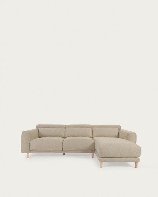Divano Singa 3 posti con chaise longue destra, poggiatesta reclinabile e sedile allungabile beige 296 cm