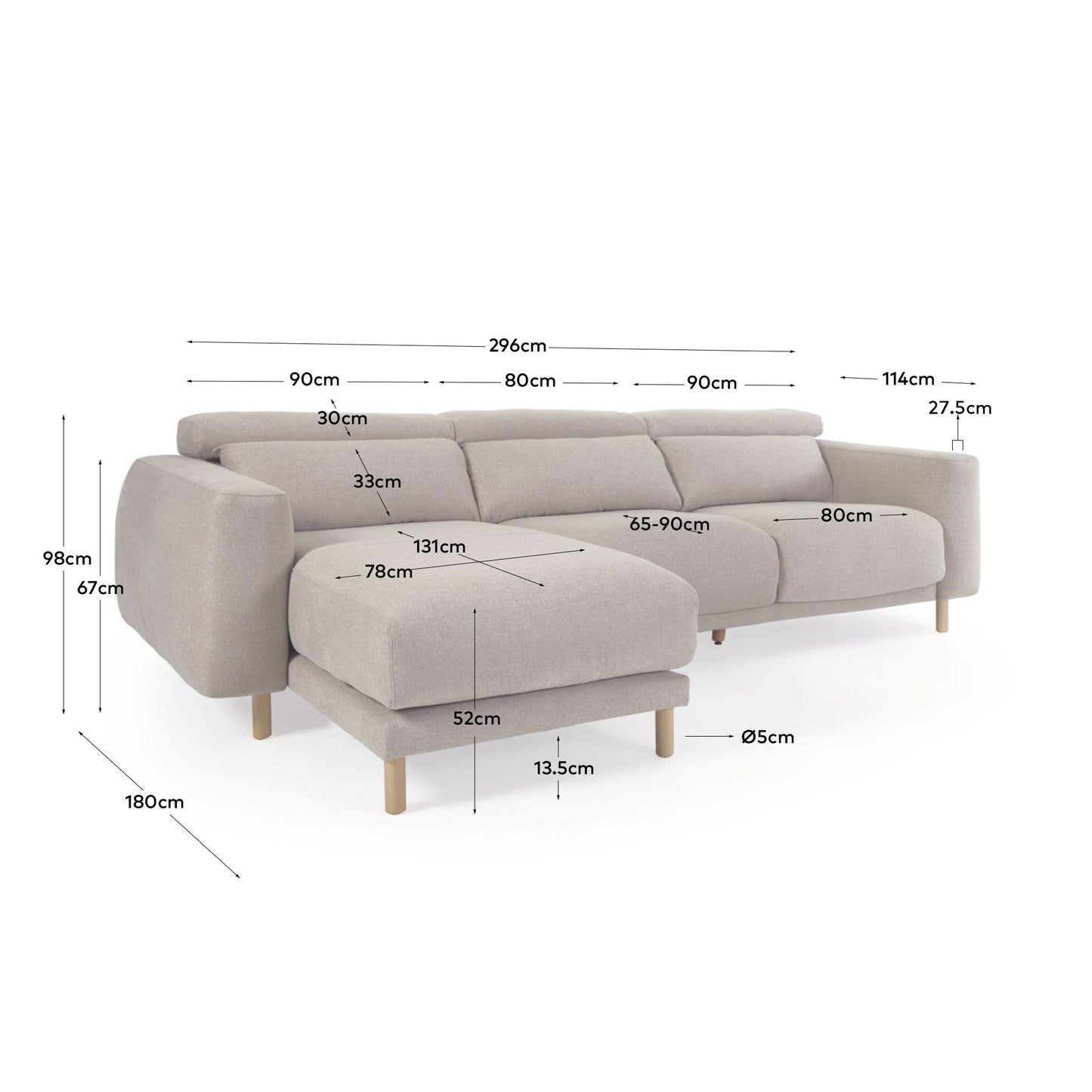 Divano Singa 3 posti con chaise longue sinistra, poggiatesta reclinabile e sedile allungabile beige 296 cm