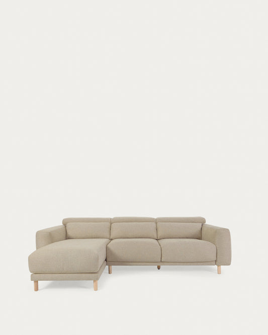Divano Singa 3 posti con chaise longue sinistra, poggiatesta reclinabile e sedile allungabile beige 296 cm
