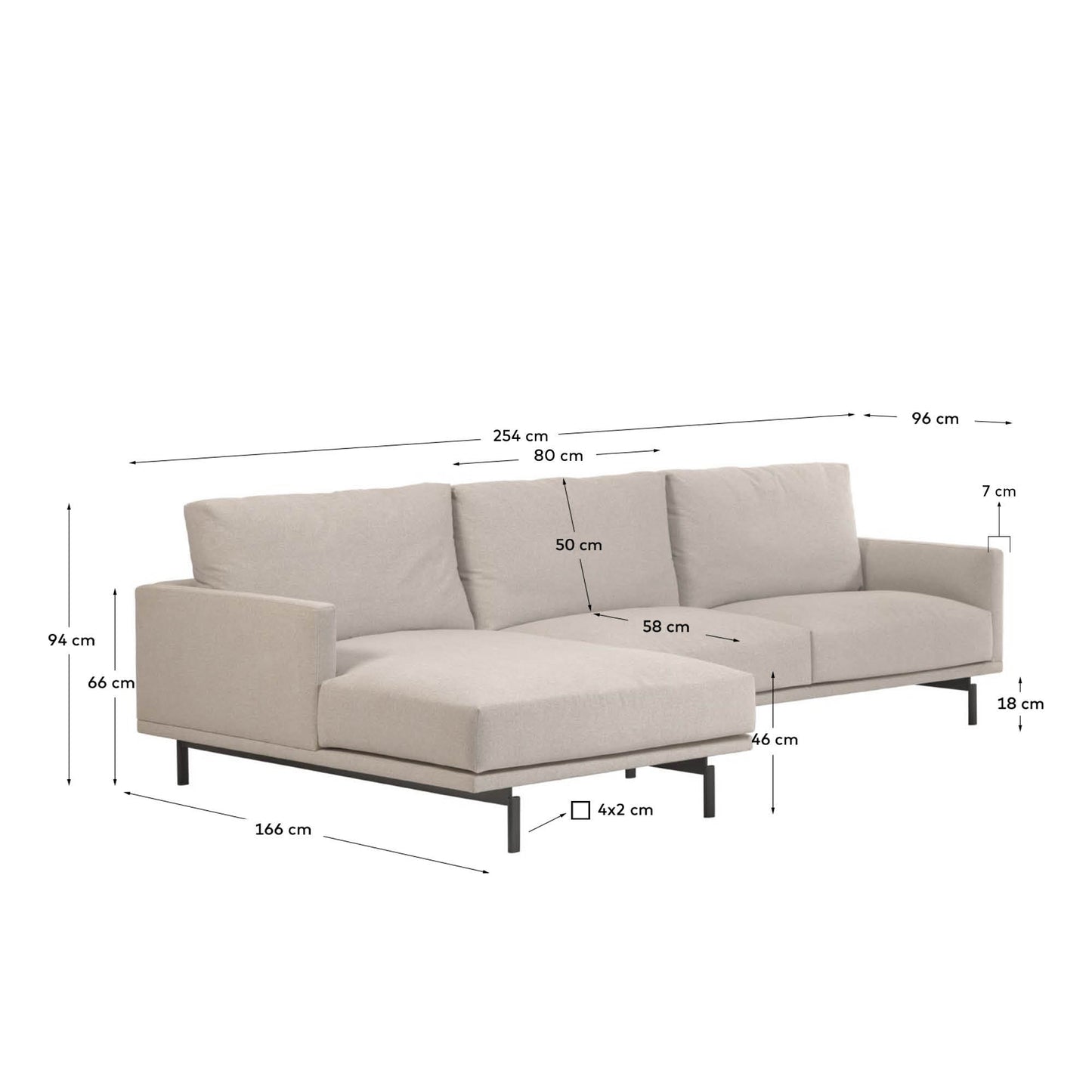 Divano Galene 3 posti con chaise longue sinistro beige 254 cm