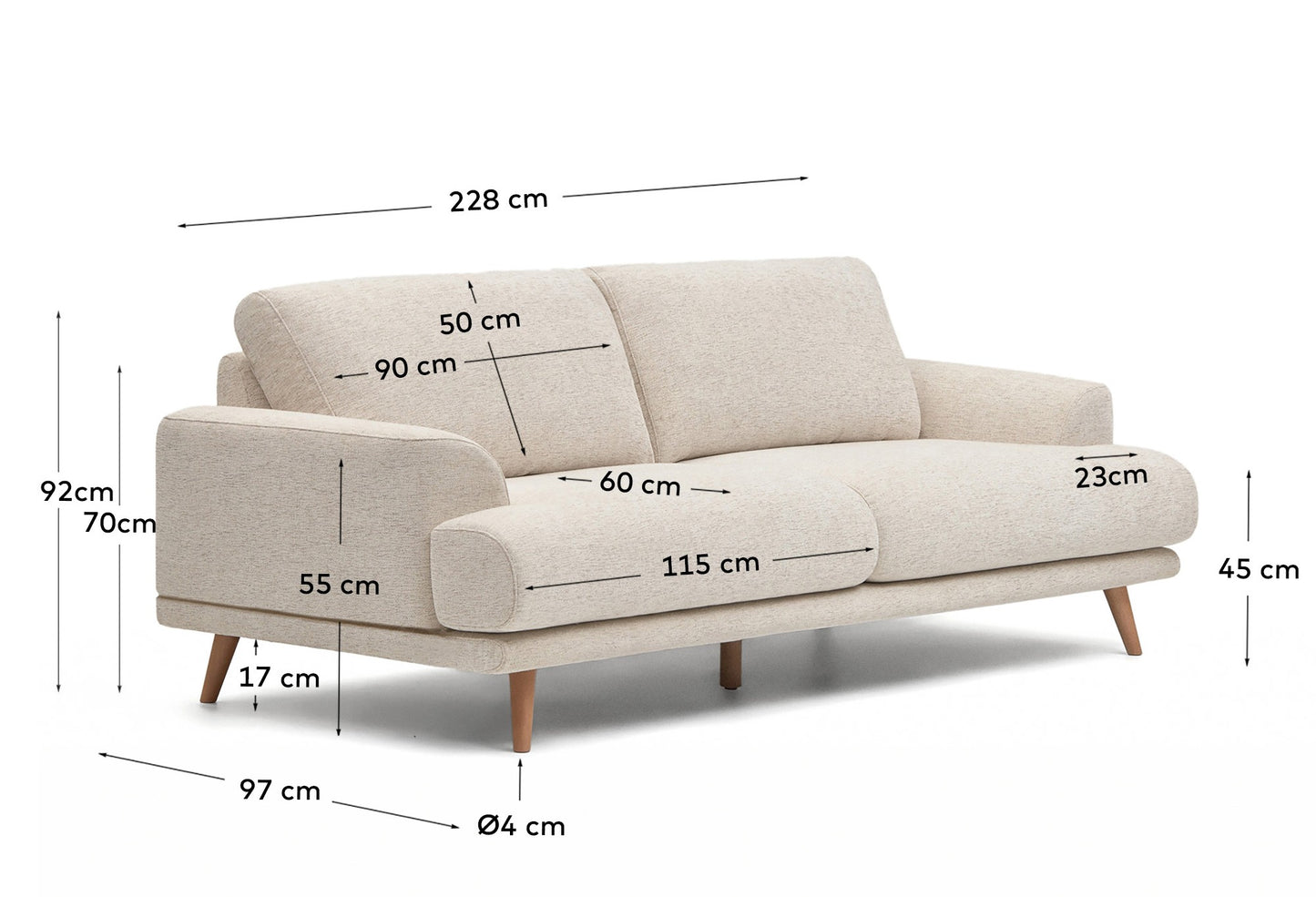 Divano Karin 3 posti beige con gambe in legno di faggio massiccio 228 cm