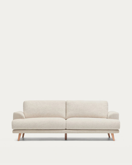 Divano Karin 3 posti beige con gambe in legno di faggio massiccio 228 cm