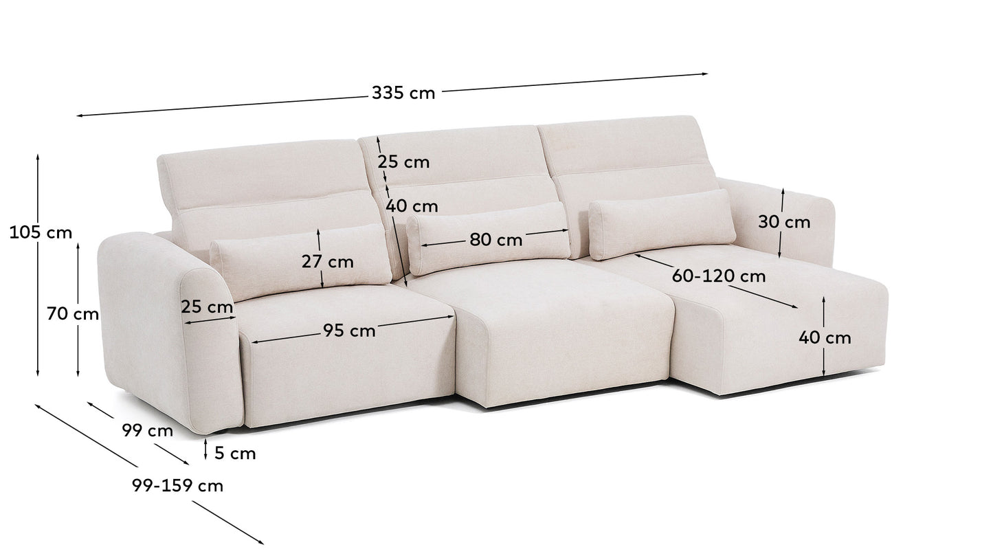 Divano Lares 5 posti con sedute scorrevoli motorizzate e poggiatesta reclinabile in ciniglia beige 335 cm
