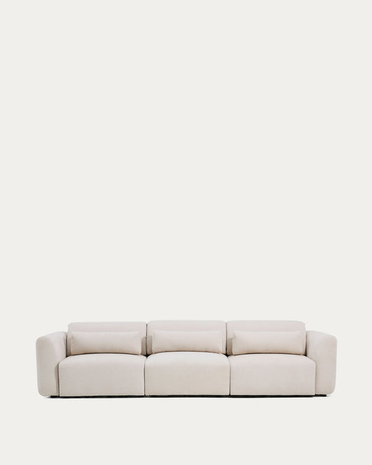 Divano Lares 5 posti con sedute scorrevoli motorizzate e poggiatesta reclinabile in ciniglia beige 335 cm