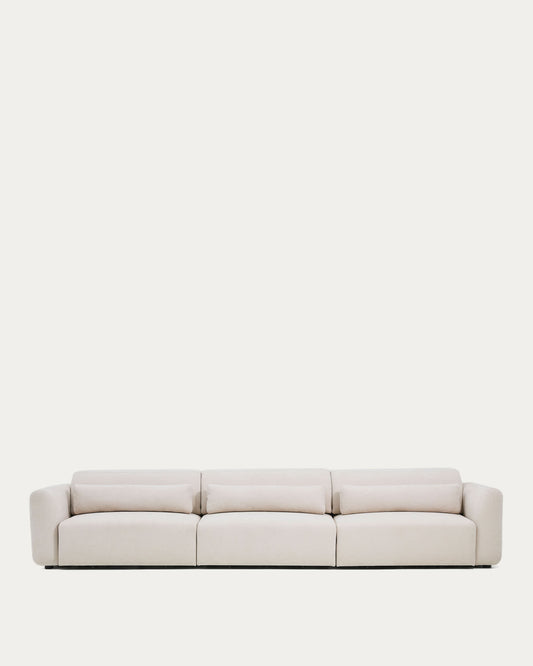 Divano Lares 6 posti con sedute scorrevoli motorizzate e poggiatesta reclinabile in ciniglia beige 410 cm