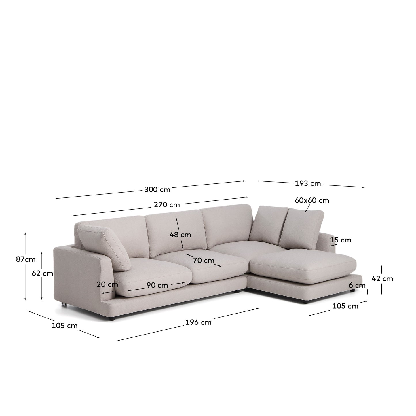 Divano Gala 4 posti in micro bouclé grigio con chaise longue destra 300 cm