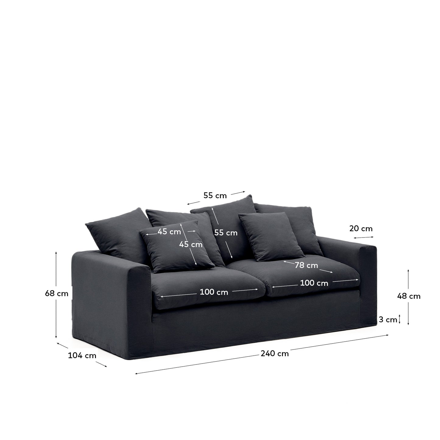 Divano sfoderabile Nora 3 posti con cuscini in lino e cotone grigio antracite 240 cm