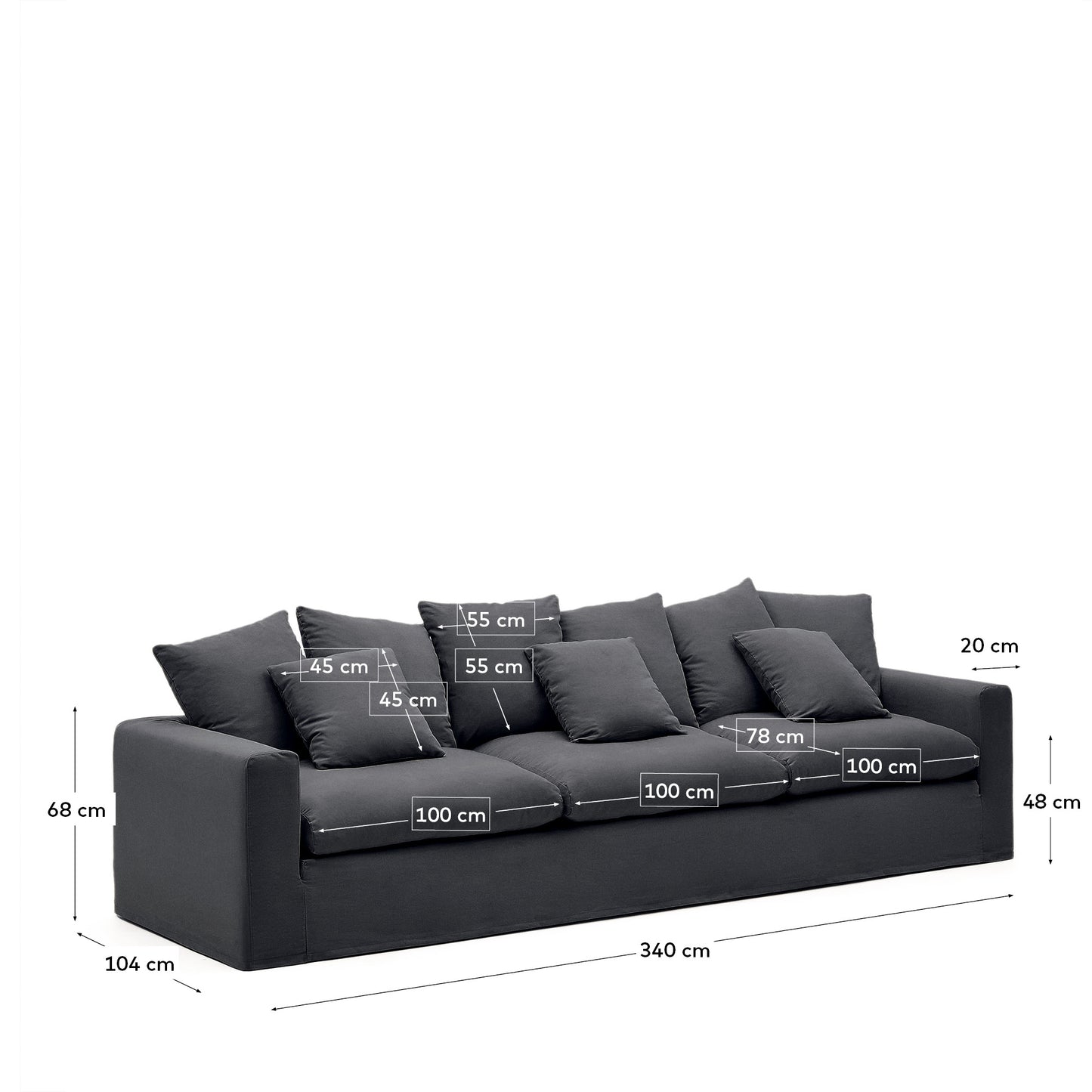 Divano sfoderabile Nora 4 posti con cuscini in lino e cotone grigio antracite 340 cm