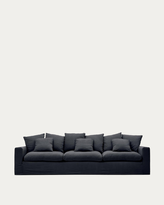 Divano sfoderabile Nora 4 posti con cuscini in lino e cotone grigio antracite 340 cm