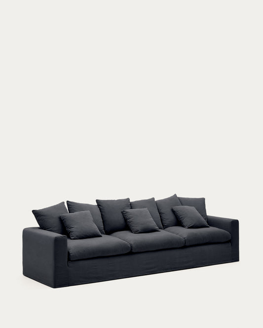 Divano sfoderabile Nora 4 posti con cuscini in lino e cotone grigio antracite 340 cm