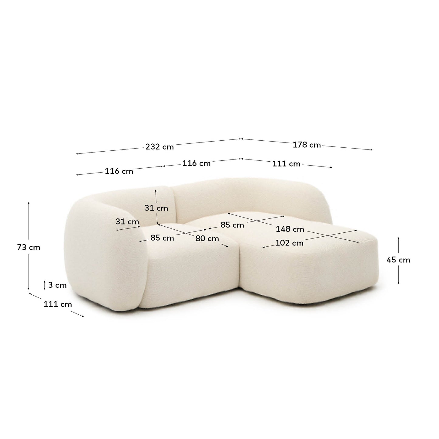 Divano modulare Martina 2 posti con chaise longue a destra ciniglia écru 230 cm