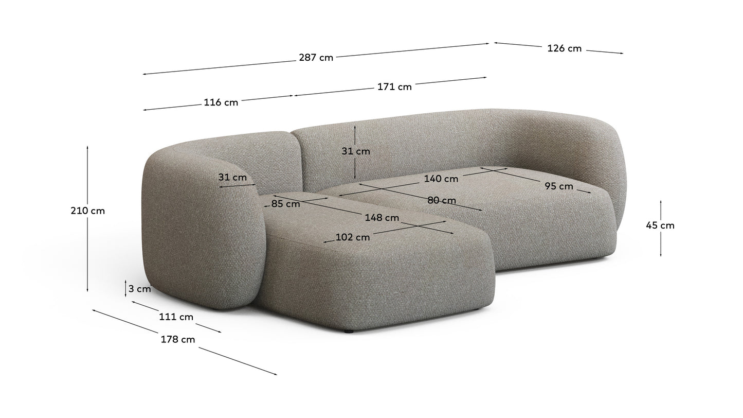 Divano modulare Martina 3 posti in ciniglia color pietra con chaise longue sinistra 287 cm