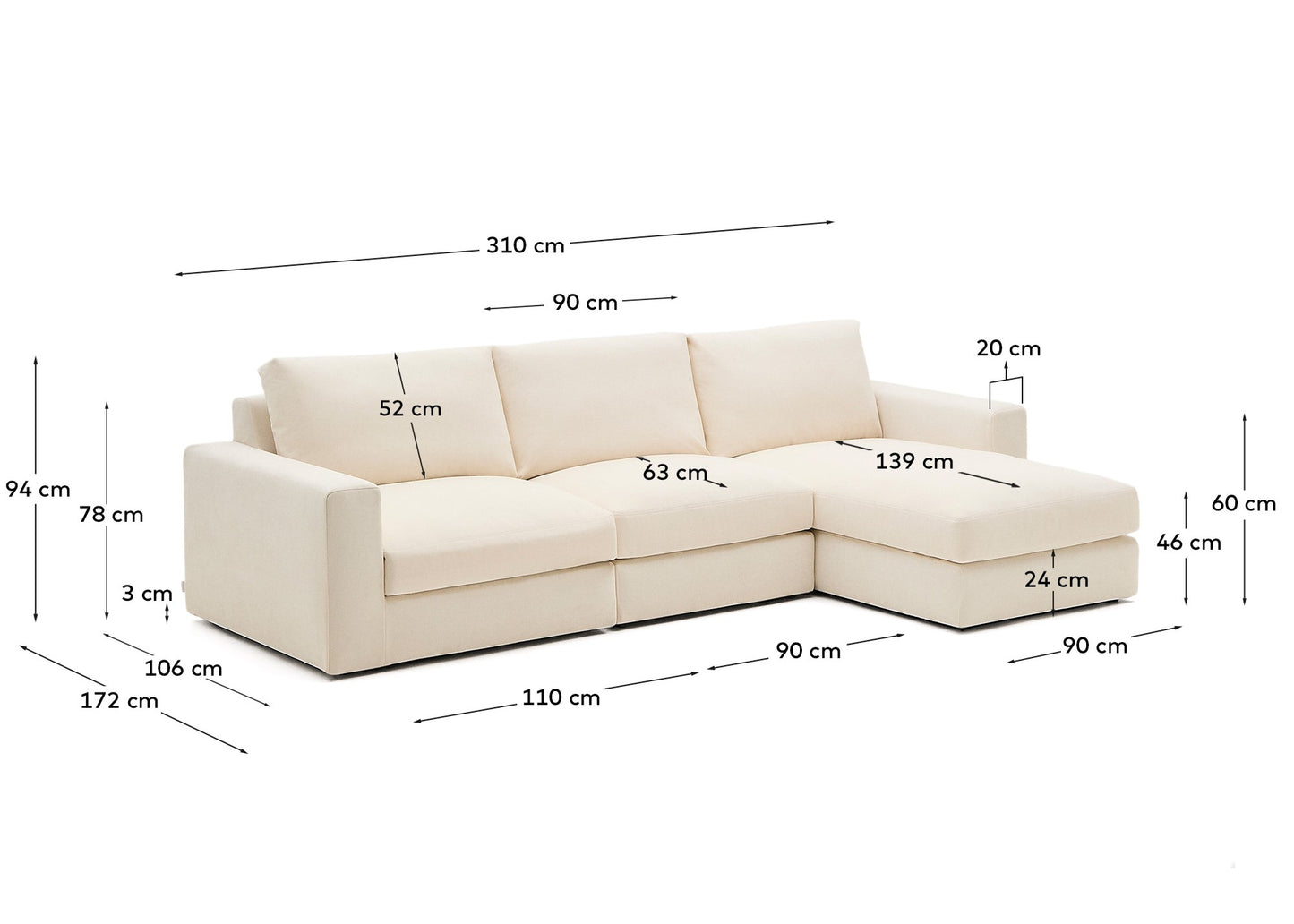 Divano modulare Alea 4 posti sfoderabile in ciniglia chaise longue destra écru 310 cm