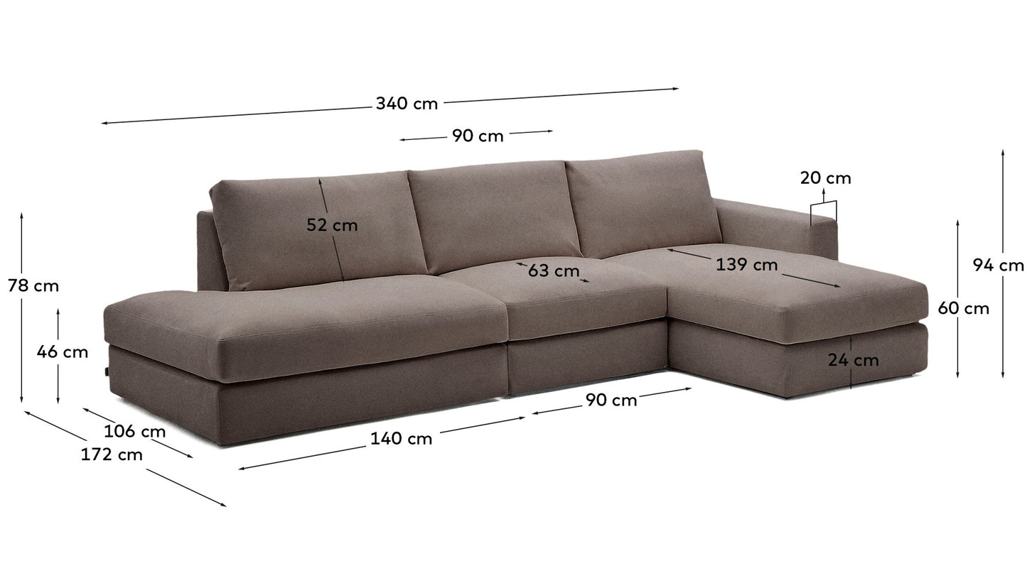 Divano modulare Alea 5 posti sfoderabile in ciniglia marrone scuro con chaise longue destra 340 cm