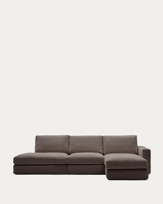 Divano modulare Alea 5 posti sfoderabile in ciniglia marrone scuro con chaise longue destra 340 cm