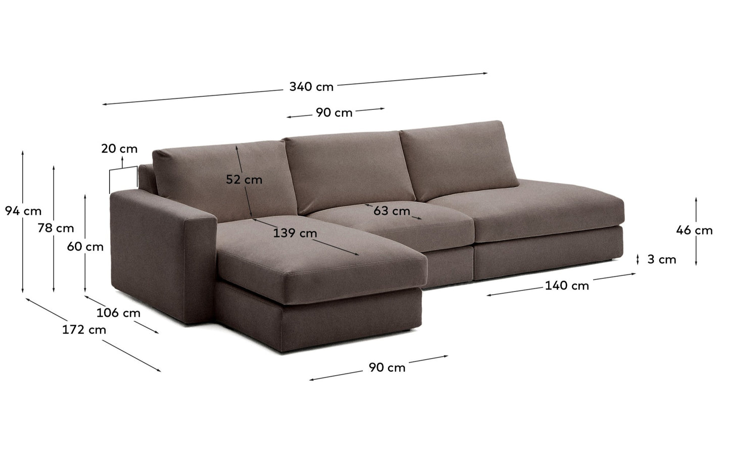 Divano modulare Alea 5 posti sfoderabile in ciniglia marrone scuro con chaise longue sinistra 340 cm