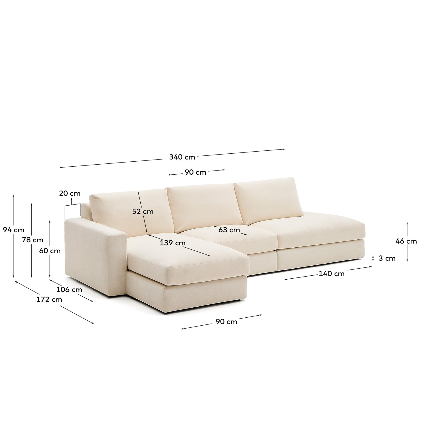 Divano modulare Alea 5 posti sfoderabile in ciniglia chaise longue sinistra écru 340 cm