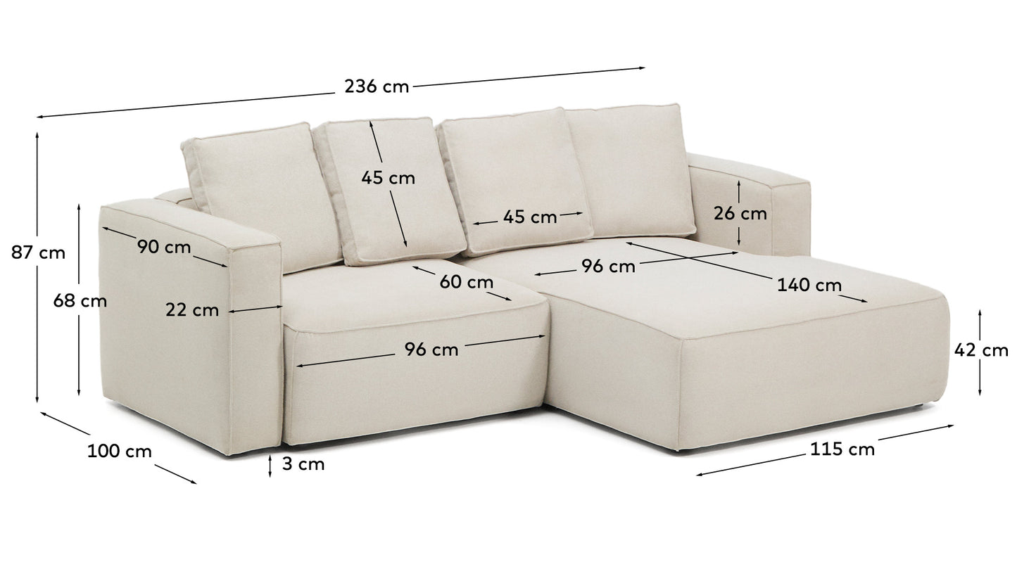 Divano letto Marela 3 posti con chaise longue destra in ciniglia beige 236 cm