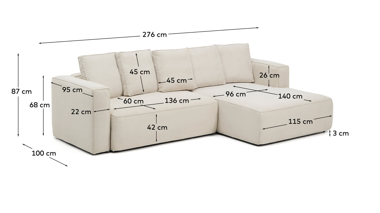Divano letto Marela 3 posti con chaise longue destra in ciniglia beige 276 cm