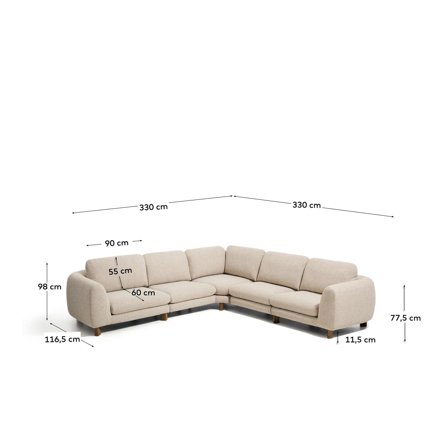 Divano ad angolo Vera 5 posti beige con gambe in legno massiccio di frassino finitura in noce 330 X 330 cm FSC Mix Credit