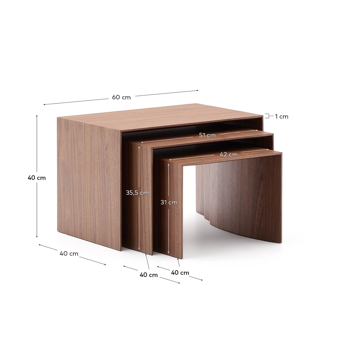 Set Litto con 3 tavolini a nido impiallacciatura in noce 60 x 40 / 51 x 36 / 42 x 31 cm