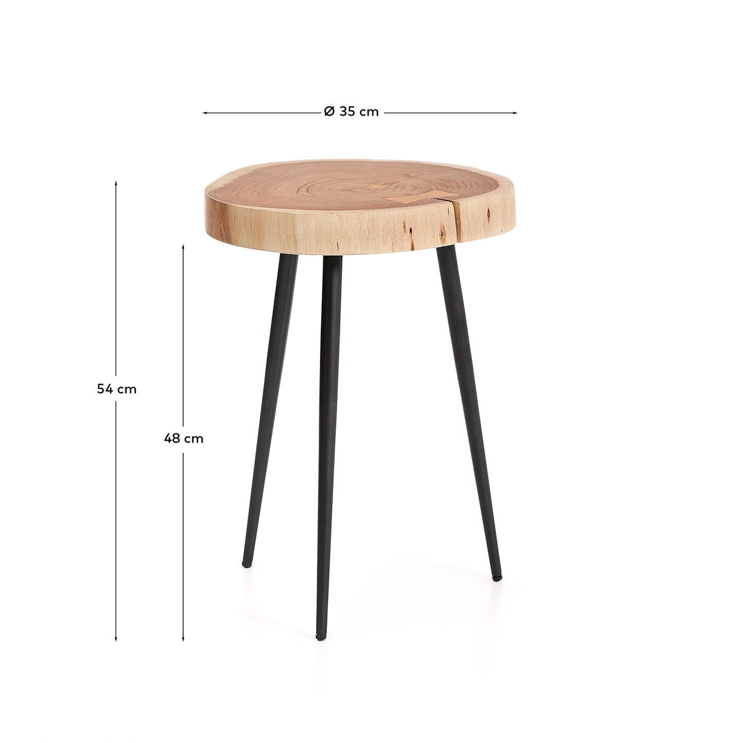 Tavolino da appoggio Tanive in legno massiccio di acacia con finitura sbiancata e gambe in acciaio nero Ø35 cm