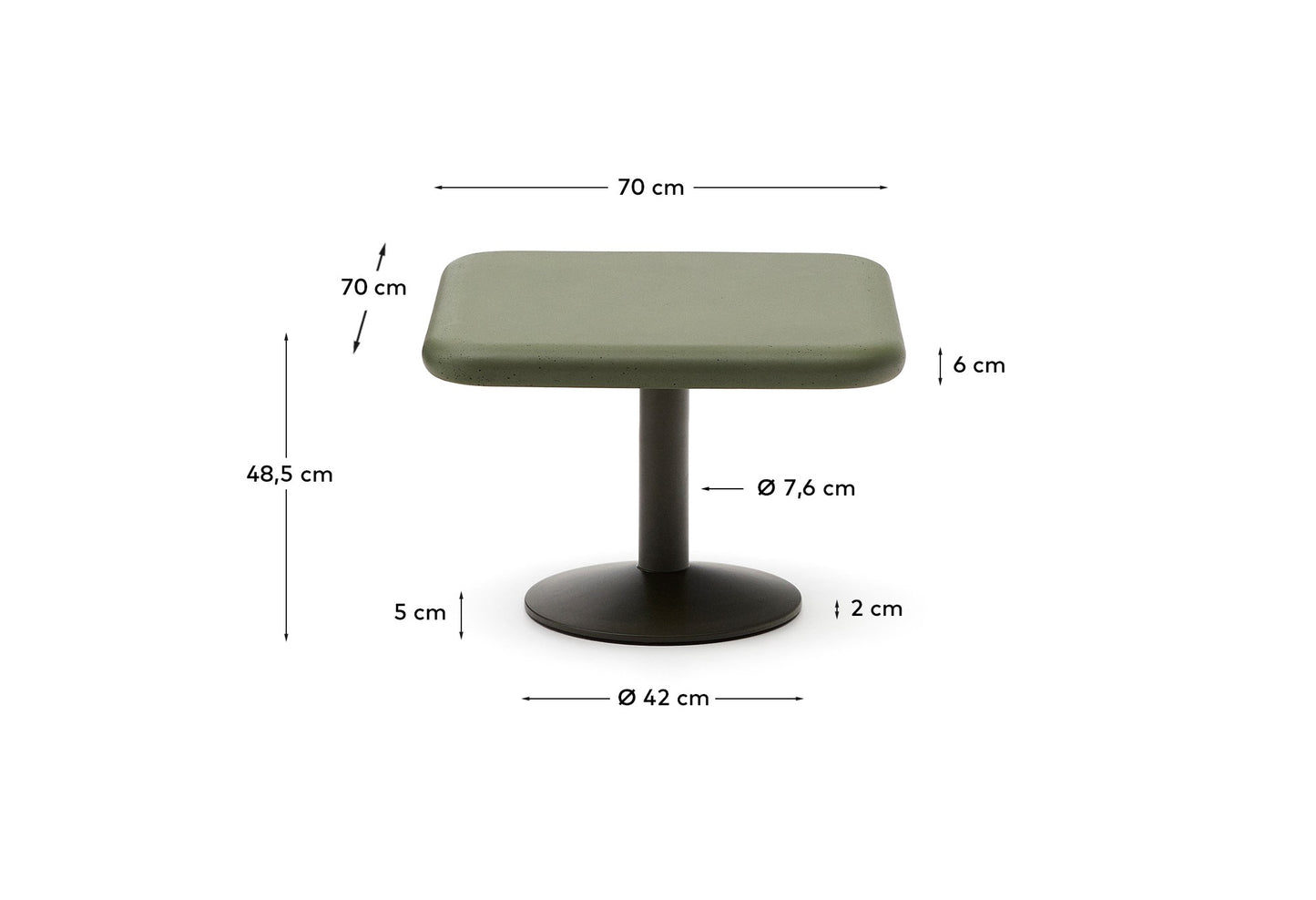 Tavolo da esterno Esilda con piano in cemento verde 70 x 70 cm e piede in acciaio verde Ø 42 x 45 cm