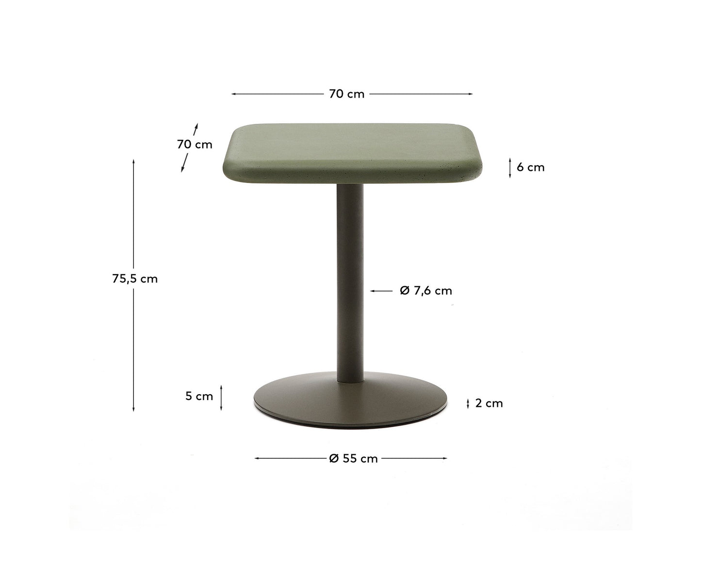 Tavolo da esterno Esilda con piano in cemento verde 70 x 70 cm e base in acciaio verde Ø 55 x 72 cm